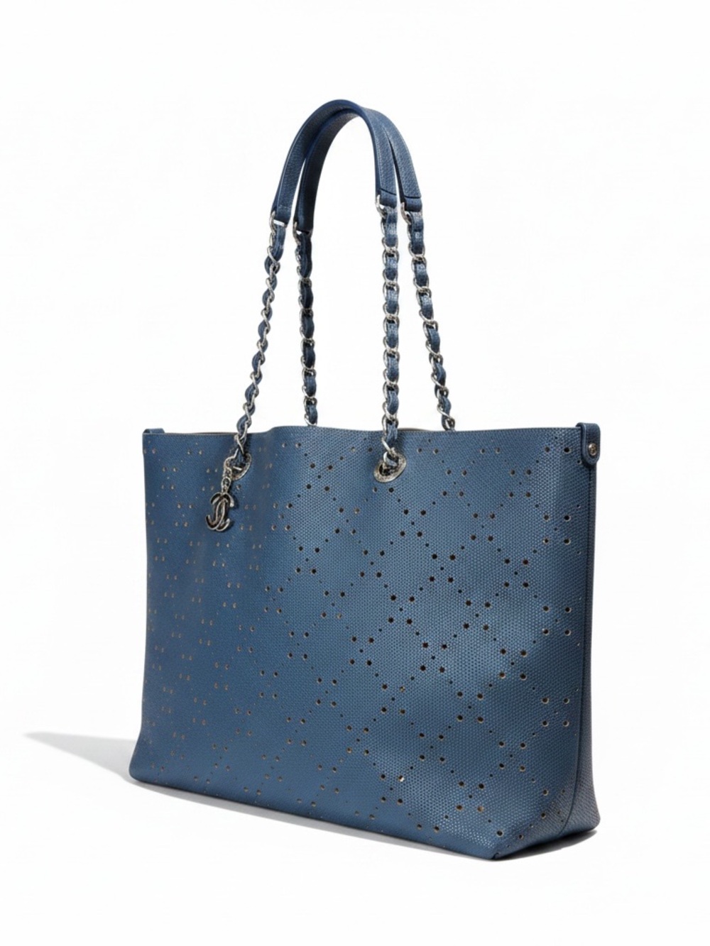 CHANEL Blue Perforated Leather Tote with Silver CC Charm - Picture 2 of 13